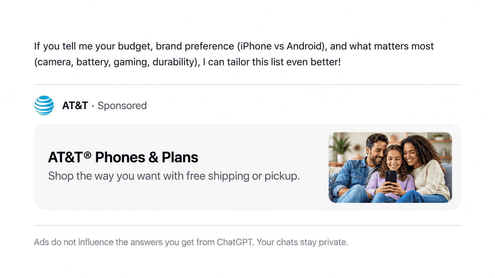 Recreated AT&T Phones and Plans sponsored card displayed below a ChatGPT answer
