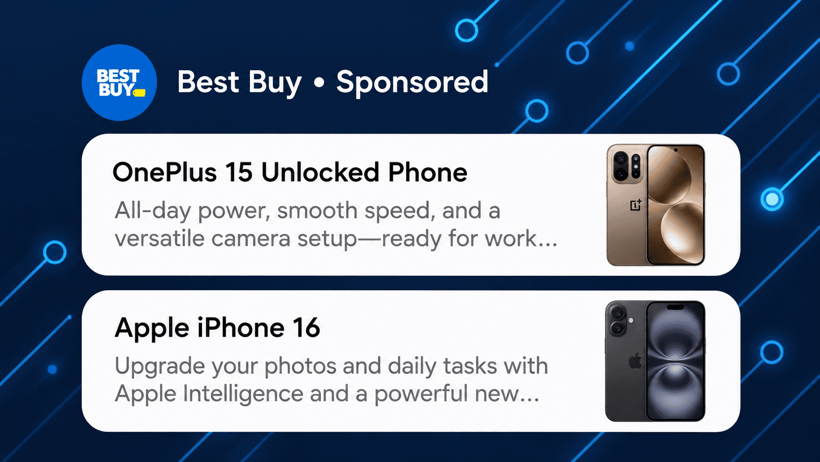 Recreated Best Buy sponsored placement with two smartphone product cards