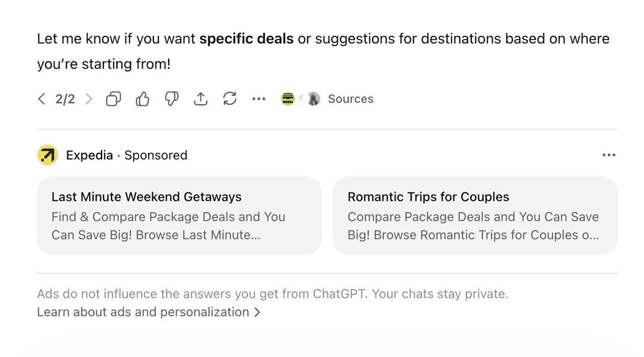 Expedia sponsored cards displayed below a ChatGPT travel answer